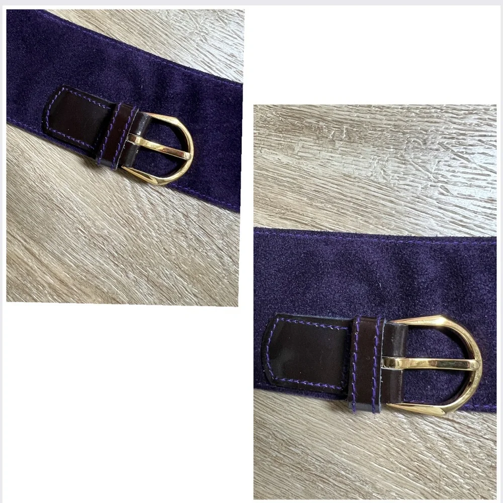 🎁 Vintage Leather Belt 1983 French | Deep Purple Suede | Asymmetrical Detail New - Picture 11 of 16